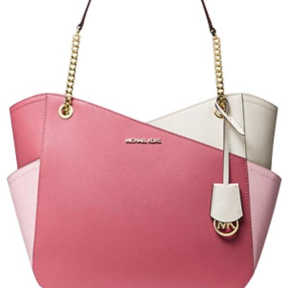 NWT Michael Kors Jet Set Leather Shoulder Bag Tote Pink Gold Chain Ivory Blush - Picture 9 of 16
